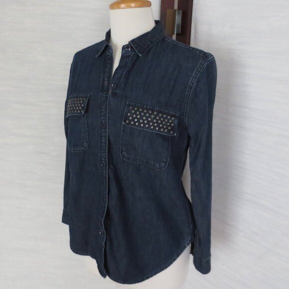 Gap 1969 Dark Blue Denim Button Down Jeans Shirt with Silver Stud Pocket Details - Picture 3 of 6